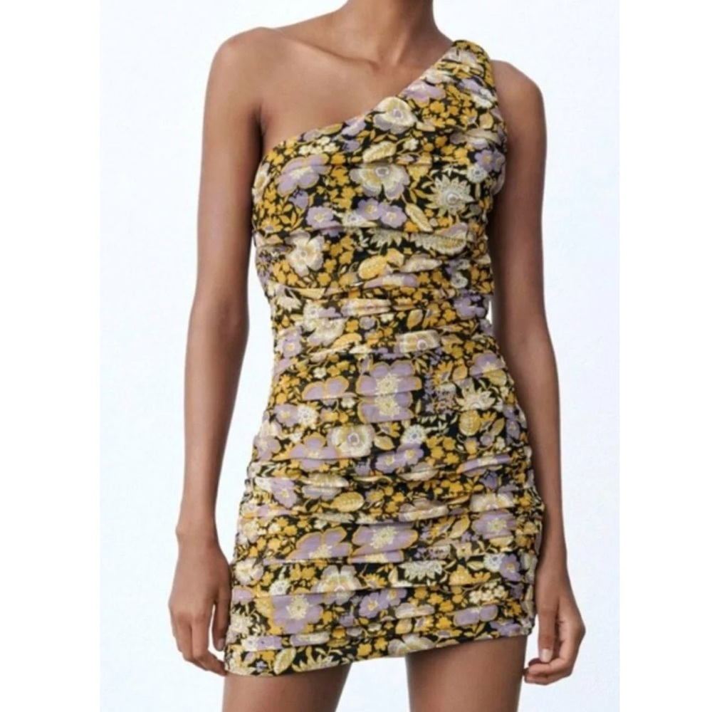 Zara One-Shoulder Floral Mini Dress - Yellow and Purple